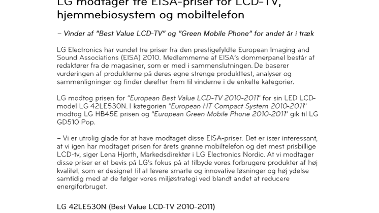 LG modtager tre EISA-priser for LCD-TV, hjemmebiosystem og mobiltelefon