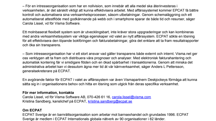 ECPAT Sverige får effektivare ekonomiadministration och bättre spårbarhet med affärssystem från Visma