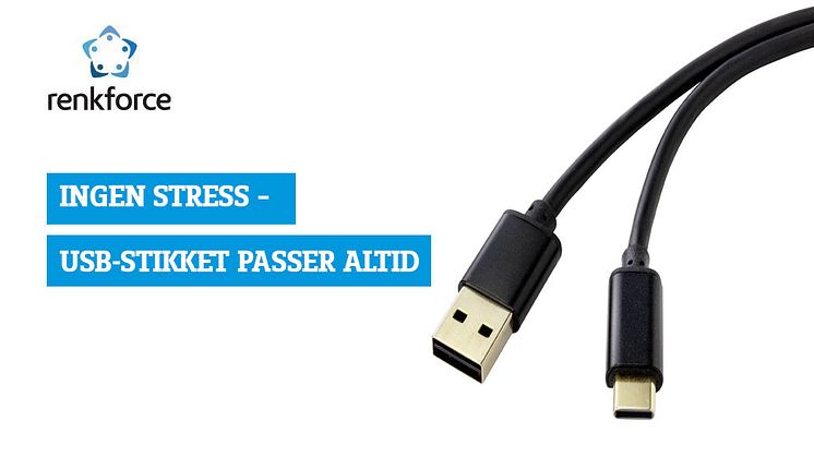 Nyhed i Renkforces produktsortiment: USB-kabel, som på den ene side har en Apple-Lightning- eller USB-C-tilslutning og i den anden et dobbeltsidet USB-A-stik. Foto: Conrad Electronic