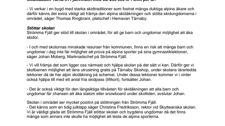 Strömma Fjäll stöttar skolan och skidklubben – främjar framtidens skidåkning
