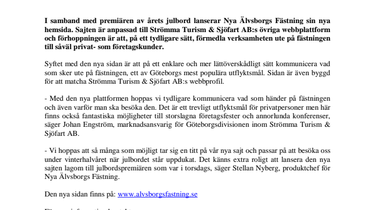 Nya Älvsborgs Fästning lanserar ny hemsida lagom till julbordspremiären
