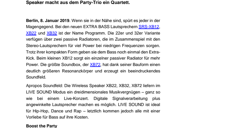 Laute Beats mit EXTRA BASS: Sony stellt neue Party-Lautsprecher vor