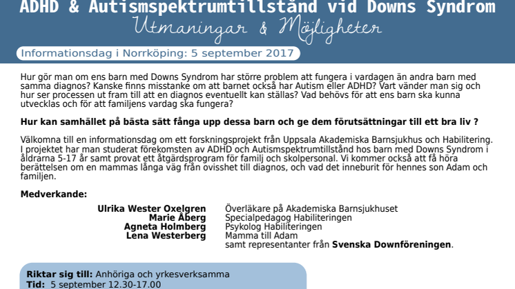 Påminnelse om anmälan till informationsdag  i Norrköping 5 september - "ADHD & Autism vid Downs Syndrom"