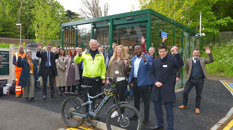 Green machines: train company, Council and community celebrate Kenley's new cycle hub. (Front row L to R) bike shop owner Ray Wookey, Cllr Gayle Gander, Cllr Ola Kolade, Southern Head of Stations Stephen MacCallaugh