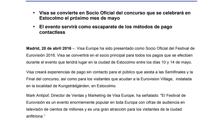 Visa Europe patrocinará el Festival de Eurovisión