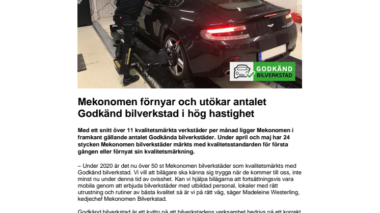 Mekonomen förnyar och utökar antalet Godkänd bilverkstad i hög hastighet