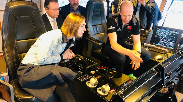Iselin Nybø, Norway's Minister of Research and Higher Education, on board Eidsvaag Pioneer