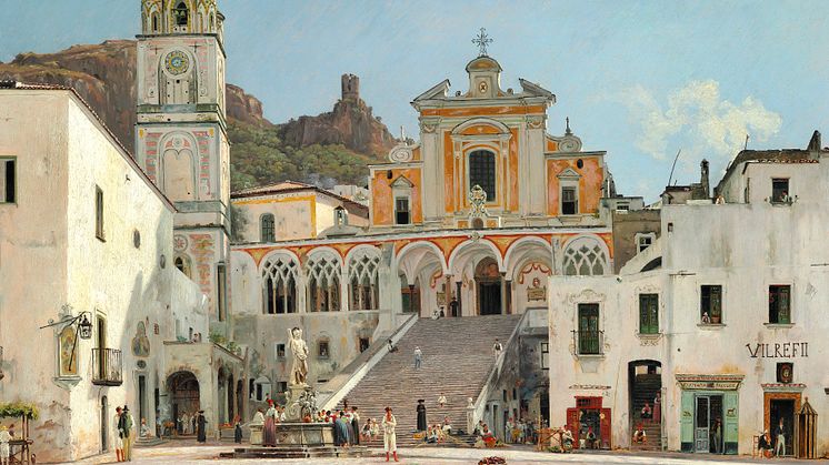 Martinus Rørbye: “Parti af torvet i Amalfi”. 1835. Olie på papir monteret på lærred. 44×63 cm. Vurdering: 2-3 mio. kr.