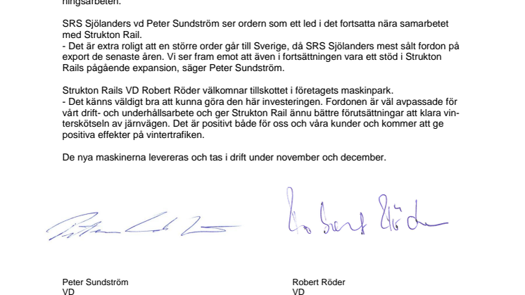 Strukton Rail och SRS Sjölanders har tecknat avtal om fordonsleverans