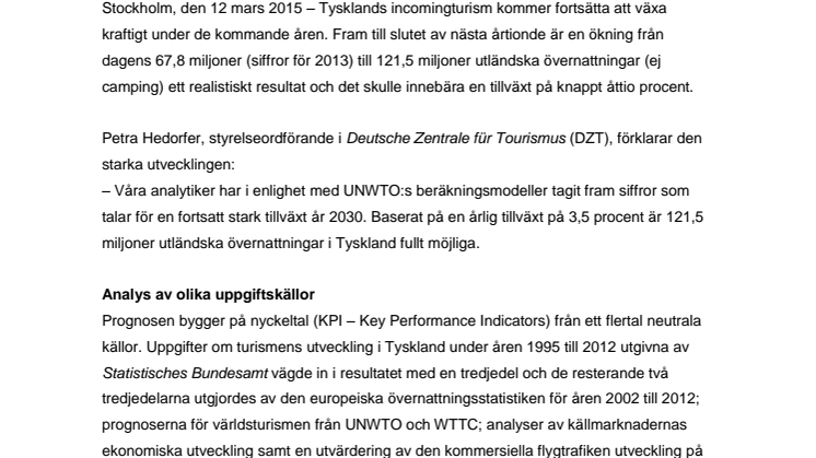 Ny prognos från DZT: fler än 121 miljoner utländska övernattningar möjliga år 2030