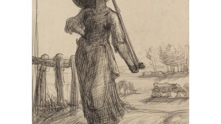 Jean-François Millet (1814-1875) La laitière normande Fusain Signé en bas à droite 36 x 28 cm