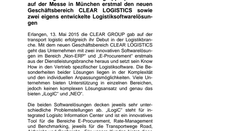 13.05.2015 CLEAR GROUP geht neue Wege auf der Messe transport logistic