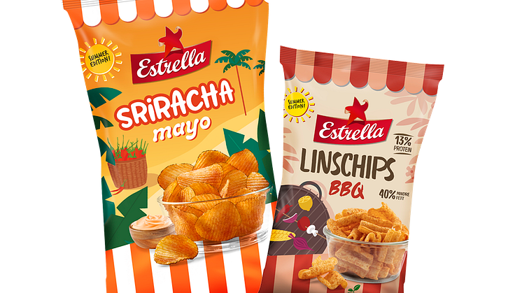 Två sommarsnacks från Estrella 2021: finräfflade potatischips Sriracha Mayo och Linschips BBQ