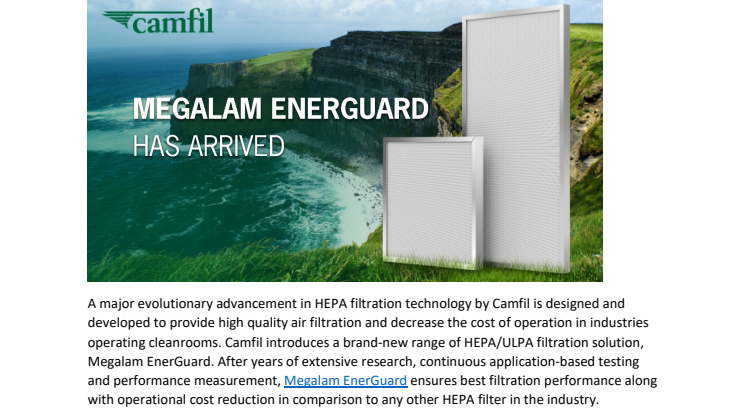 Camfil makes historic breakthrough in HEPA filtration technology for cleanroom industry with Megalam EnerGuard 