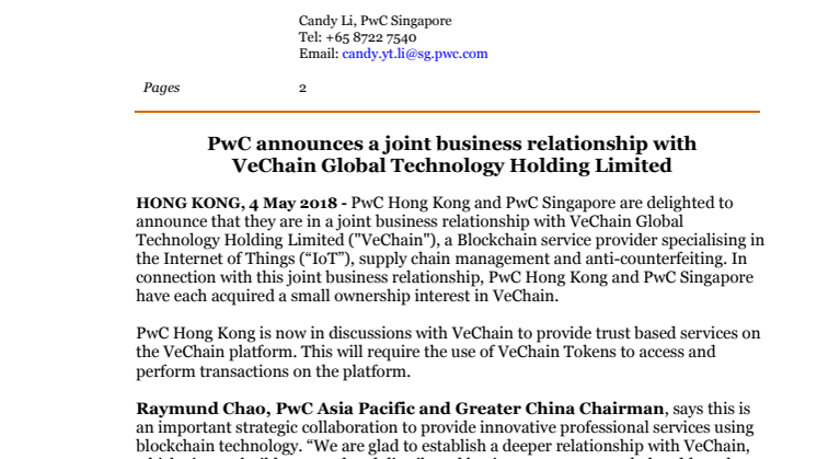 PwC announces a joint business relationship with  VeChain Global Technology Holding Limited