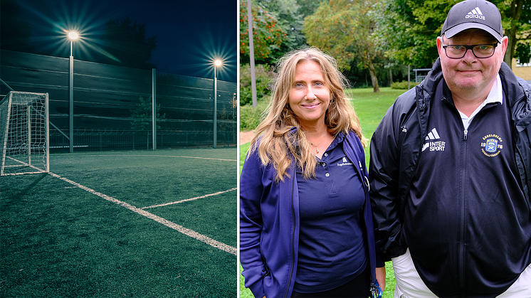 I sommar har det arrangerats nattfotboll i Ängelholm. På bilden Susanne Nordin, Ängelholmshem och Kalle Hansson Ängelholm Fotbollsförening.