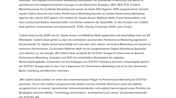 SYZYGY hat sich mehrheitlich am Performance-Marketing-Spezialisten Catbird Seat beteiligt