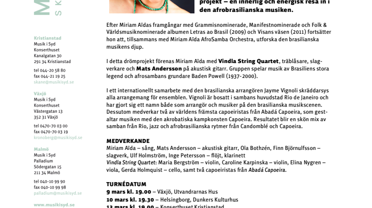 Sydsvensk turné med Miriam Aïda AfroSamba Orchestra