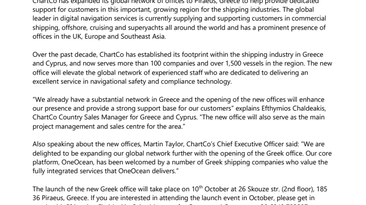 ChartCo Launches New Customer Support and Sales Office in Greece