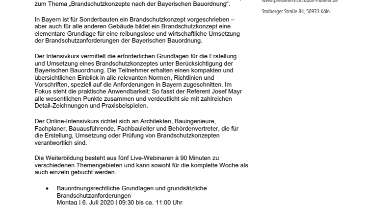 Online-Intensivkurs: Brandschutzkonzepte nach der Bayerischen Bauordnung
