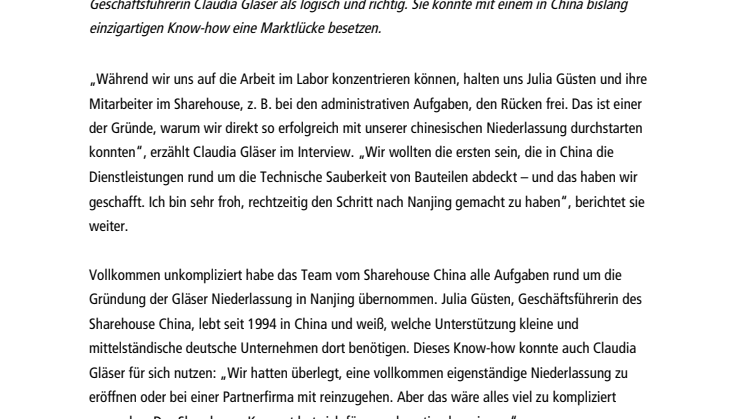 Dank Wissensvorsprung mit Labortechnik auf Expansionskurs: Firma Gläser seit einem Jahr im Sharehouse China zuhause