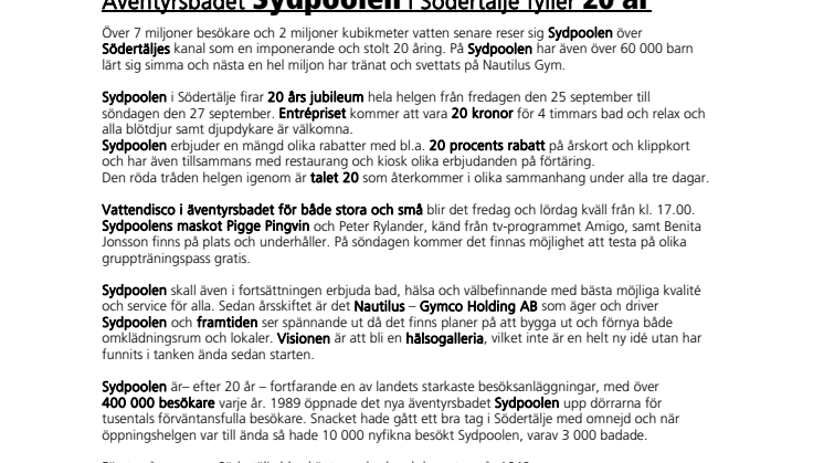 Äventyrsbadet Sydpoolen i Södertälje fyller 20 år