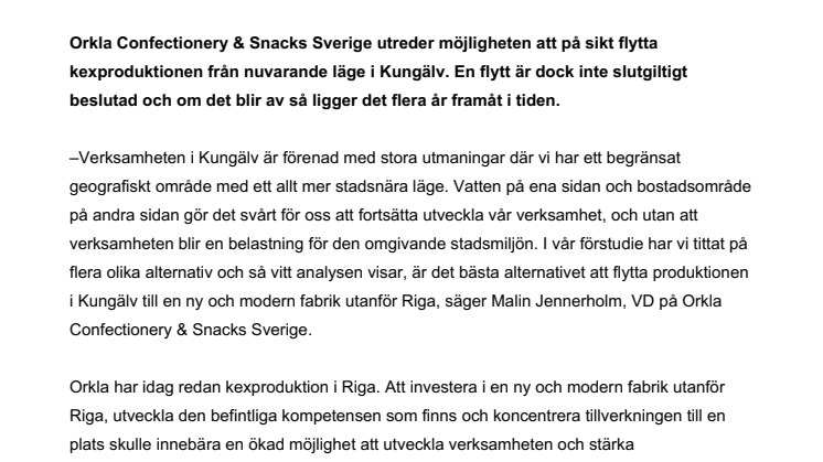 Orkla Confectionery & Snacks Sverige ser över produktionen i Kungälv 
