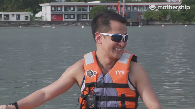 Lionel Yeo, CEO of Singapore Sports Hub, taking part in an interview in a kayak with Mothership