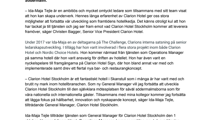 Intern talang växlar upp - hon tar över Clarion Hotel Stockholm