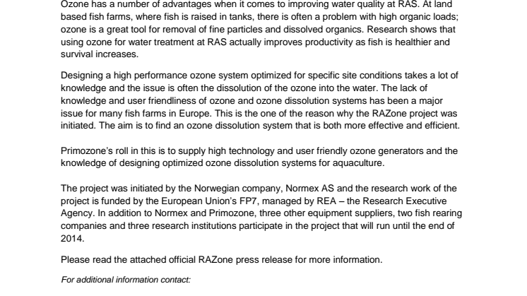 Primozone supplies super-efficient ozone generator for European project improving ozone technology at aquaculture applications