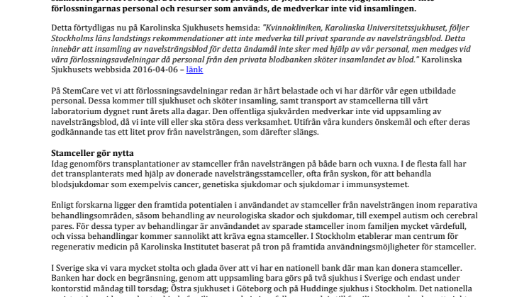 Förtydligande om möjligheten för familjer att spara stamceller privat