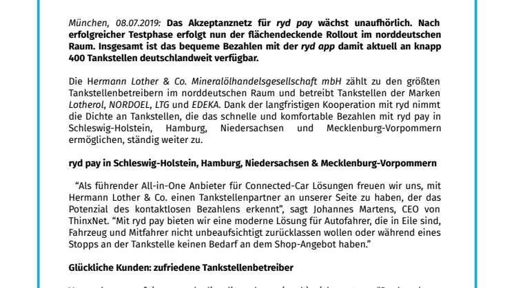 ryd pay startet an 40 Tankstellen von LOTHEROL, NORDOEL, LTG und EDEKA. 