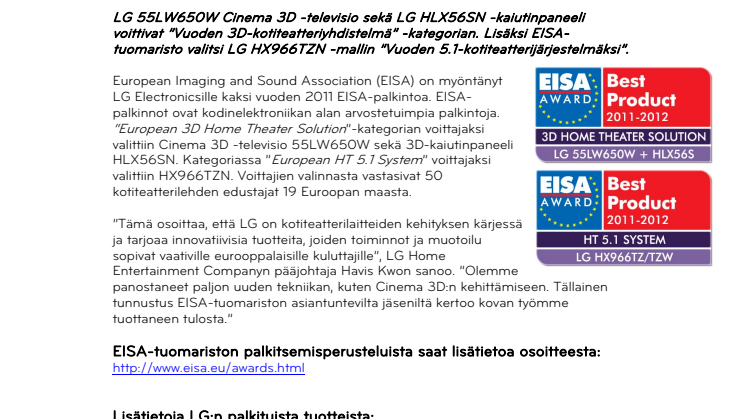 LG:n 3D-tuotteille arvostettuja EISA-palkintoja
