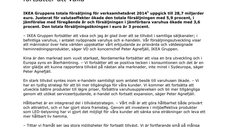 Försäljningsutveckling för verksamhetsåret 2014: försäljningen ökade och hushållens konsumtion fortsätter att växa