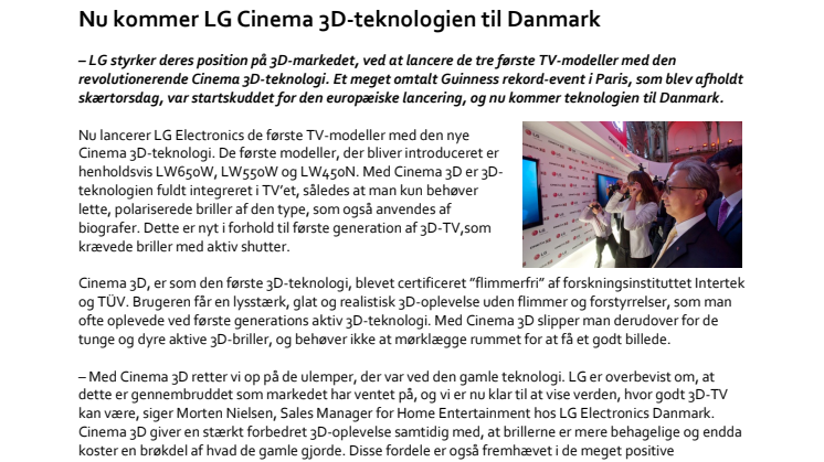 Nu kommer LG Cinema 3D-teknologien til Danmark
