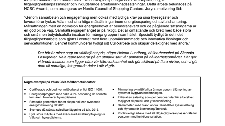 Skandia Fastigheters Väla prisas för hållbarhetsarbetet på NCSC Awards