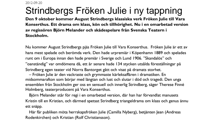 Strindbergs Fröken Julie i ny tappning