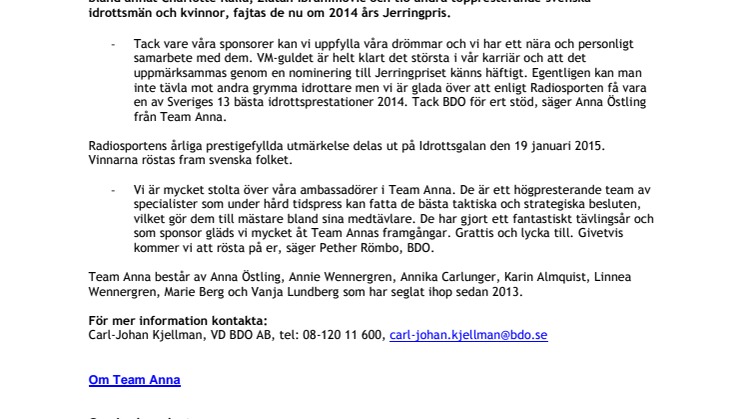 BDO gratulerar Team Anna - nominerade till Jerringpriset 2014