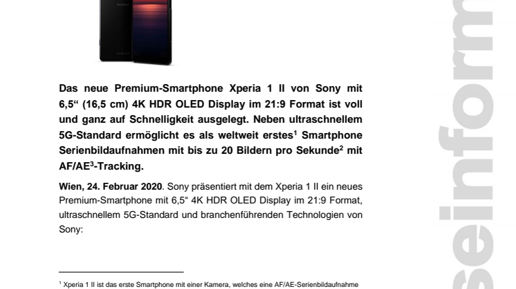 Sony präsentiert das neue Xperia 1 II mit 5G Konnektivität