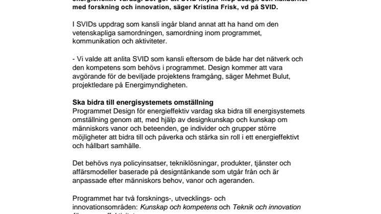 ​Energimyndigheten anlitar SVID som kansli för programmet Design för energieffektiv vardag