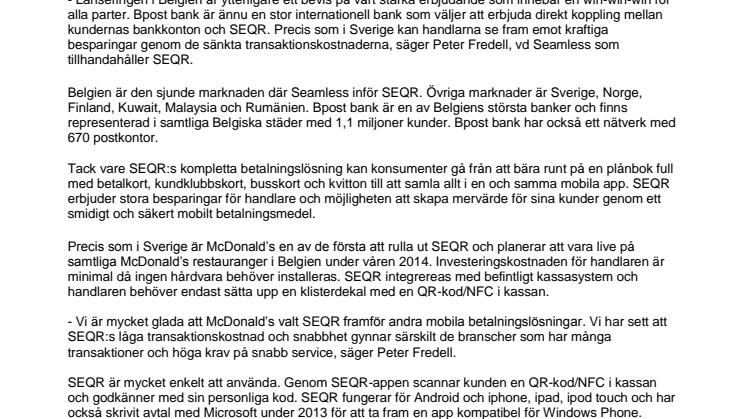 Seqr lanserar i Belgien tillsammans med bpost bank- Mcdonald's avser att rulla ut i samtliga Belgiska restauranger