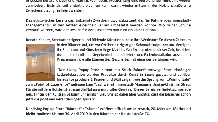 Living Pop up in der Holstenstraße schafft  mit neuer Zwischennutzung Räume für Träume