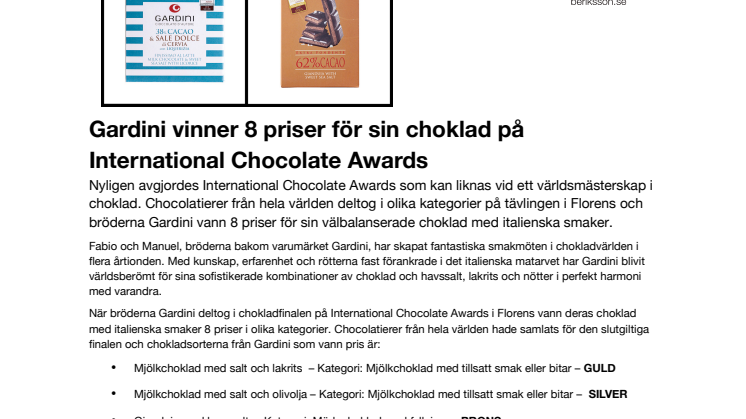 Gardini vinner åtta priser för sin choklad på International Chocolate Awards