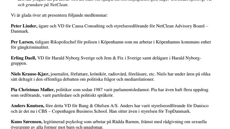Tunga namn i NetCleans Advisory Board i Danmark - starkt stöd inför framtiden