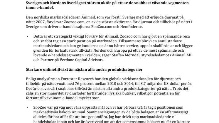 Pionjär inom djurfoder på nätet blir ännu större  - Nordens största djuraffär på nätet Animail förvärvar ZooZoo.com och stärker positionen som marknadsledare