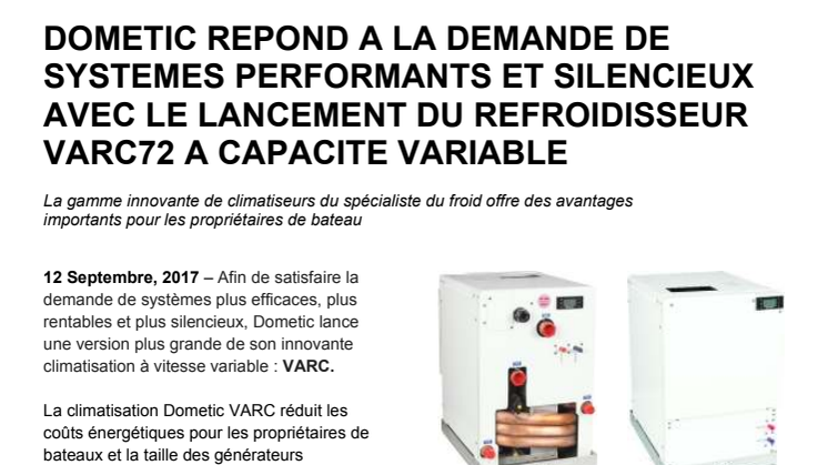 Dometic Repond A La Demande De Systemes Performants Et Silencieux Avec Le Lancement Du Refroidisseur VARC72 A Capacite Variable