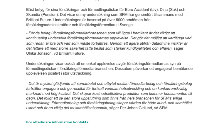 Euro Accident, Dina och Skandia bäst i försäkringsförmedlarbranschen