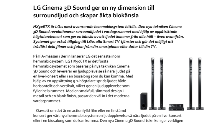 LG Cinema 3D Sound ger en ny dimension till surroundljud och skapar äkta biokänsla 