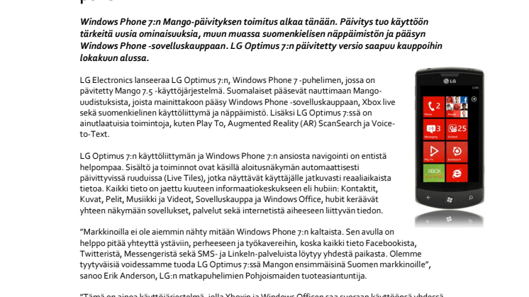 LG Optimus 7 on Suomen ensimmäinen Mango-puhelin