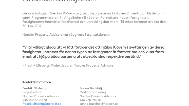 Klövern avyttrar fastigheter i Hässleholm och Ängelholm